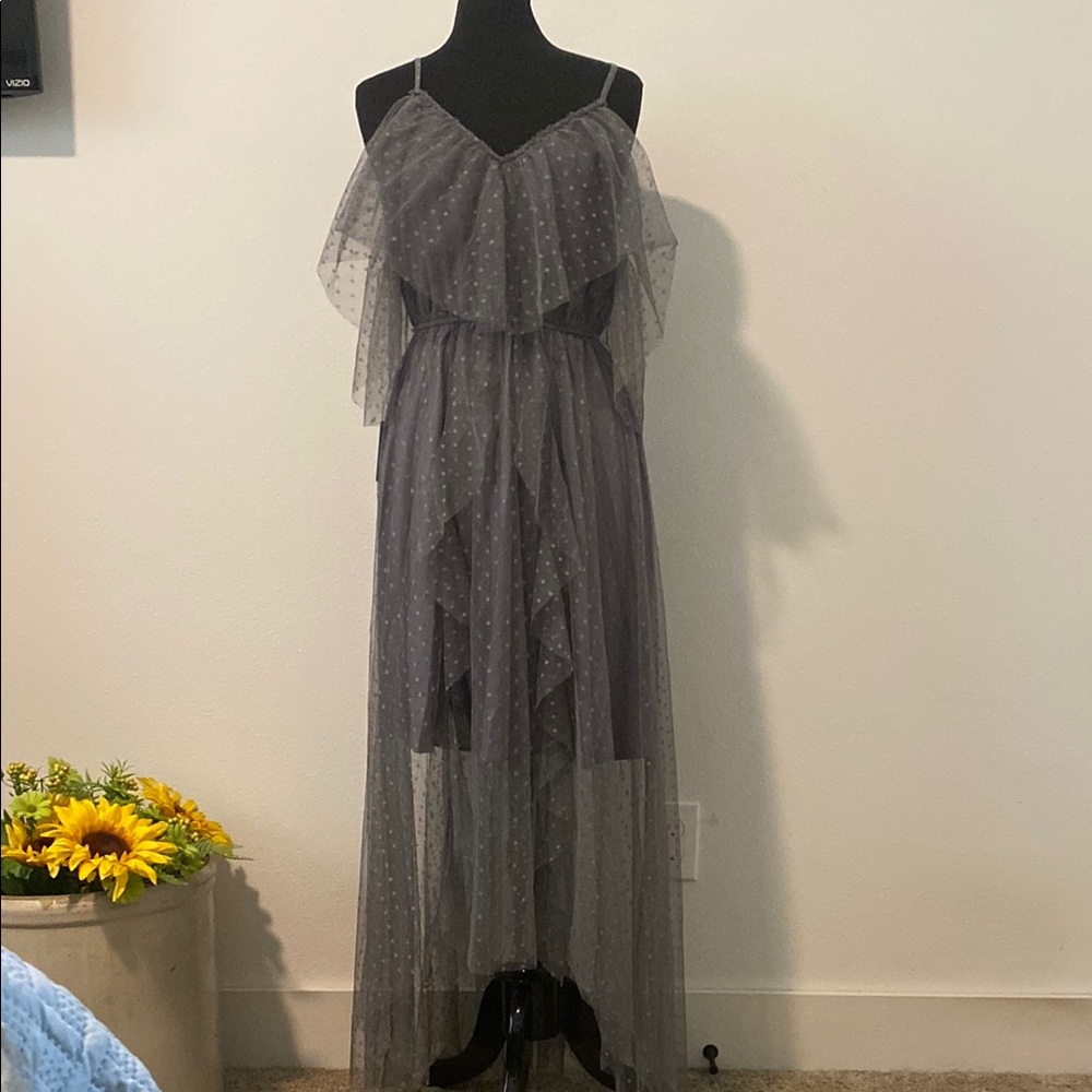 NWT Joyfolie Elegant Gray Polka Dot Women's Tulle cold shoulder Lauryn Dress